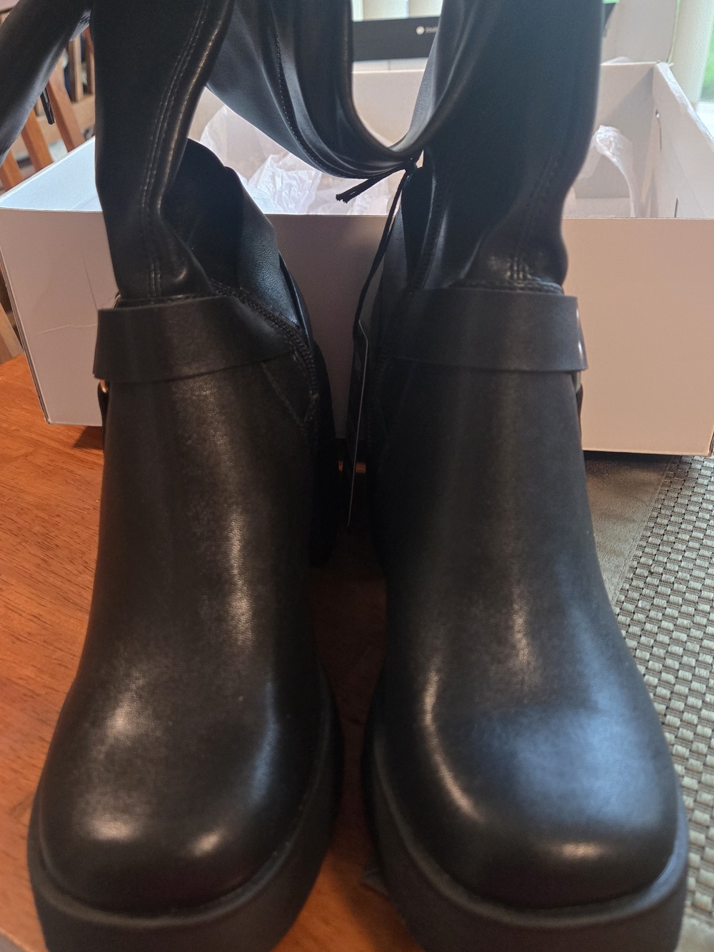 Black Chunky Platform Combat Boots with Strap Accent Size 7